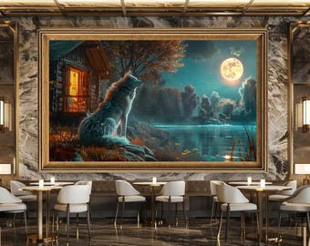 Wolf and Moon Cabin Wall Art Print, Mystical Night Nature Scene Canvas Art, Forest Lake Wildlife Artwork for Rustic Decor