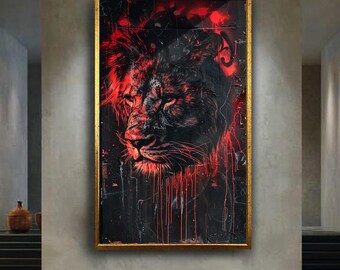 Red Black Lion Graffiti Canvas Wall Art, Bold Street Style Animal Print, Modern Urban Jungle Artwork for Powerful Home Decor
