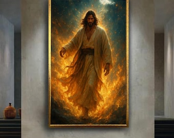 Powerful Jesus Walking Through Fire Wall Art | Fiery Christian Savior Canvas Print | Dramatic Spiritual Religious Decor for Faithful Homes