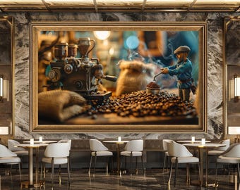 Miniature Coffee Maker Scene Wall Art Canvas  Rustic Barista Poster Vintage Cafe Decor Coffee Beans Artwork Print