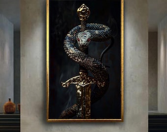 Dark Snake and Sword Canvas Wall Art Print, Gothic Fantasy Serpent Wrapped Blade Artwork, Medieval Symbolic Decor for Home or Office