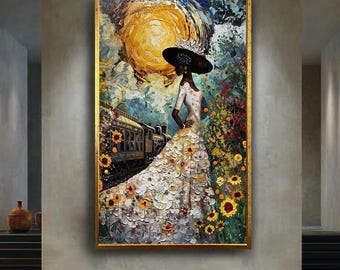 Elegant Lady in White Dress with Vintage Train Canvas Wall Art, Colorful Palette Knife Print Style Artwork for Romantic and Artistic