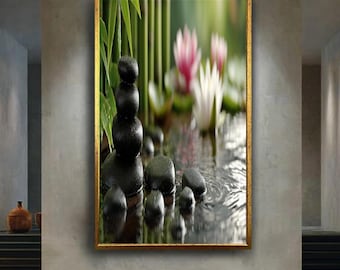 Zen Stones and Lotus Flowers Canvas Wall Art – Peaceful Bamboo Pond Print for Spa, Meditation Room or Tranquil Nature Home Decor