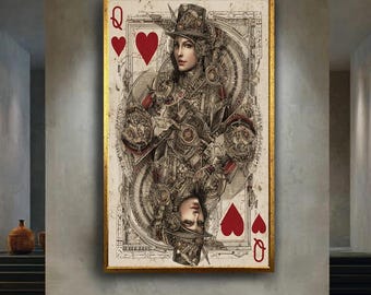 Steampunk Queen of Hearts Wall Art Print – Vintage Playing Card Design – Mechanical Fantasy Portrait Canvas Poster