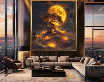 Magical Moon Fantasy Wall Art Print, Glowing Tree House on Golden Hills, Dreamy Surreal Landscape Poster for Cozy Cottagecore Decor