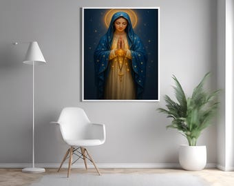 Virgin Mary Praying With Rosary Canvas Christian Art Holy Mother Spiritual Wall Decor Religious Poster For Prayer Room And Faith Space