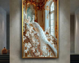 Elegant White Peacock Canvas Wall Art with Baroque Staircase and Blossoms – Luxury Animal Print for Glam, Classic or Romantic Home Decor