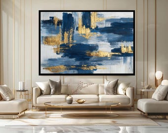 Modern Abstract Wall Art Print with Navy Blue and Gold Brush Strokes, Luxury Contemporary Canvas for Living Room or Office Decor