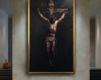 Jesus Crucifixion Canvas Wall Art – Dramatic Religious Christian Artwork of Christ on the Cross for Prayer Room or Faith-Based Decor