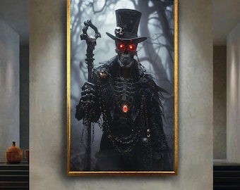 Voodoo Skeleton Mage Canvas Wall Art – Dark Sorcerer with Glowing Eyes and Skull Staff, Gothic Horror Fantasy Print for Haunted Home Decor