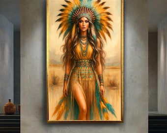 Native Tribal Warrior Woman Wall Art Print | Feather Headdress Boho Style Canvas | Powerful Indigenous Inspired Decor for Modern Interiors