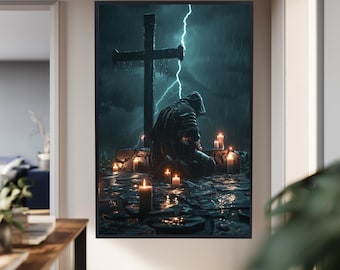 Knight Praying Before Cross In Storm Canvas Print Medieval Christian Wall Art With Lightning And Candles For Gothic Fantasy Decor