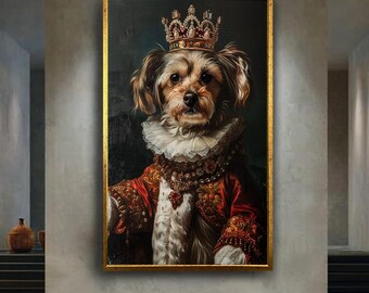 Royal Dog Portrait Canvas Wall Art, Funny Pet Dressed as Queen in Vintage Costume, Baroque Style Animal Print for Whimsical Decor