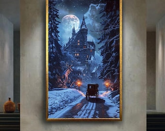 Moonlit Winter Castle Wall Art Snowy Night Fantasy Canvas Print Horse Carriage Gothic Poster for Holiday or Cozy Home Decor Gift