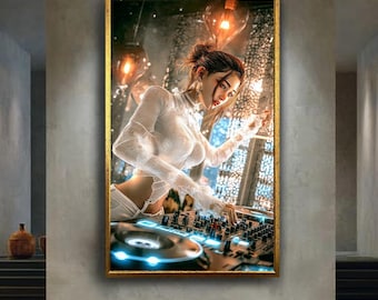 Elegant Female DJ Canvas Wall Art – Stylish Music Mixer Scene, Modern Nightclub Party Print, Trendy Music Lover Decor for Home or Studio