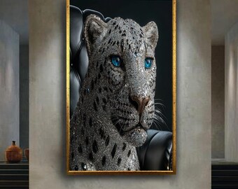 Luxury Diamond Leopard Canvas Wall Art with Blue Eyes, Glam Animal Portrait for Elegant Interior Decor, Crystal Panther Print Artwork
