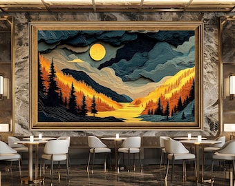 Layered Style Mountain Landscape Canvas Print, Moonlight and Golden Hills, Paper Cut Style Nature Wall Print, for Home Decor