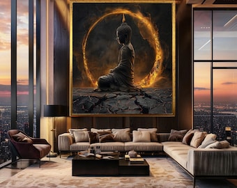 Dark Buddha Meditation Canvas Wall Art – Zen Spiritual Artwork with Fiery Energy Ring and Cracked Earth for Modern Sacred Spaces