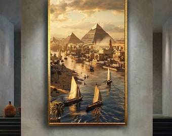 Ancient Egypt Pyramid Canvas Wall Art – Nile River Boats and Historical Architecture Artwork for History Lovers and Travel Decor