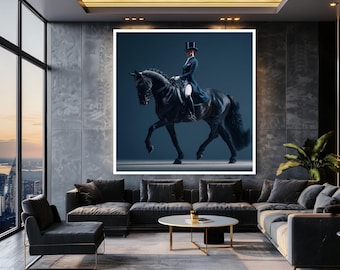 Elegant Horseback Rider Canvas Wall Art – Black Horse and Female Equestrian in Formal Dressage Pose for Luxury Home Decor
