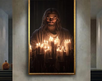 Jesus Candlelight Portrait Wall Art – Spiritual Religious Decor Featuring Warm Light and Sacred Serenity for Christian Home