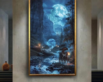 Moonlit Horse Carriage Canvas Wall Art – Magical Night River Scene with Full Moon, Stone Bridge, and Lantern Lights