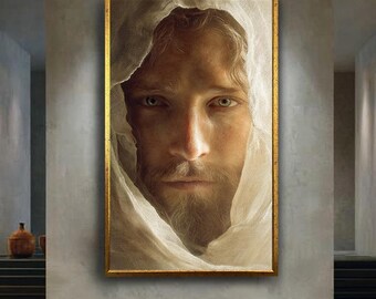 Sacred Portrait Wall Art Print, Spiritual Face Canvas Art, Gentle Gaze Religious Decor, Minimalist Faith Based Printable Artwork