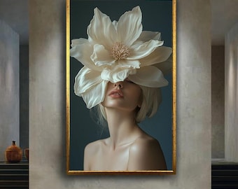 Minimal floral woman canvas wall art print, soft neutral flower head portrait, elegant feminine artwork for bedroom or beauty studio decor