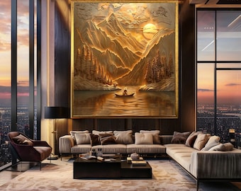 Golden Mountain River Canvas Wall Art –  Layered Wood Style Landscape with Sunset Glow, Forest Trees and Rowboat for Nature Decor