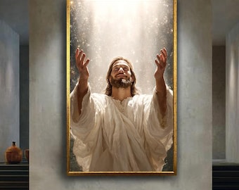 Jesus Rejoicing in Divine Light Wall Art – Uplifting Heavenly Christian Print with Glowing White Robe and Radiant Faith Energy