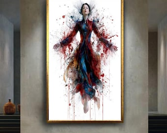 Abstract Powerful Woman Wall Art Print, Red and Blue Splash Ink Style Female Energy Poster for Modern Art Decor and Gifts