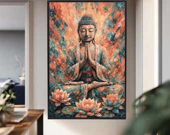 Buddha Canvas Wall Art with Lotus Flowers, Abstract Spiritual Print for Meditation Room, Zen Inspired Colorful Home Decor