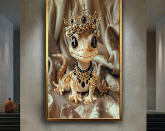 Royal Lizard Wall Art Canvas Print – Cute Fantasy Animal with Crown and Jewels for Whimsical Decor, Kids Room or Animal Lover Gift