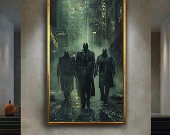 Neo Noir Mafia Canvas Print, Futuristic Gangster Wall Art, Dark Cinematic Crime Scene Artwork, Cyber Noir Decor