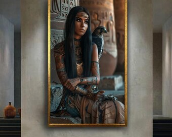 Ancient Egyptian Woman Wall Art Canvas, Mystical Queen with Falcon Illustration, Spiritual Goddess Decor for History Lovers and Gift Idea