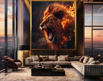 Roaring Lion Fire Wall Art Print, Fiery King of Jungle Poster, Bold Animal Power Decor for Office, Gym or Alpha Energy Spaces