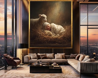 Newborn Baby and Lamb Canvas Wall Art in Soft Light – Peaceful Nativity Scene Print for Nursery and Christian Home Decor