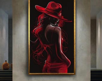 Red hat woman canvas wall art print, seductive dark feminine silhouette artwork, bold modern fashion decor for bedroom or stylish interior