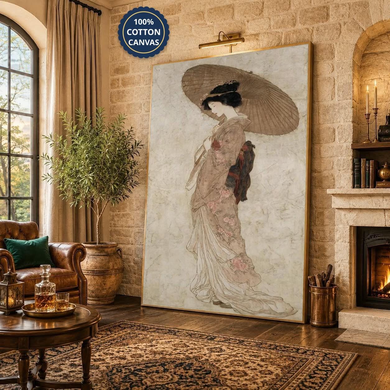 Vintage Japanese Woman Canvas Wall Art With Kimono and Umbrella