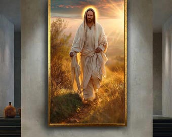 Radiant Jesus Christ Halo Canvas Wall Art, Christian Religious Artwork for Home Decor, Spiritual Faith Gift with Golden Sunset