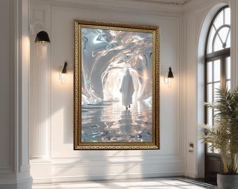 Jesus Walking Toward the Light Wall Art, Spiritual Resurrection Inspired Christian Canvas with Heavenly Glow for Faithful Home Decor