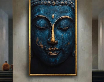 Blue and gold Buddha canvas wall art print, serene spiritual portrait painting, zen meditation room decor for peaceful sacred spaces