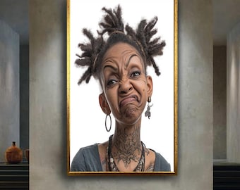 Funny Exaggerated Face Portrait Canvas Wall Art – Quirky Tattooed Character with Playful Expression for Humor Home Decor
