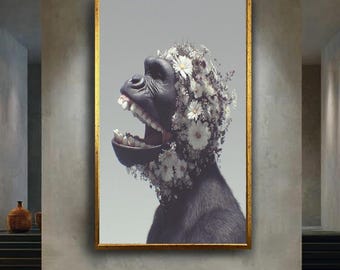 Floral Gorilla Wall Art Print, Surreal Monkey Head with Blooming Flowers Poster, Conceptual Animal Portrait for Modern Home Decor