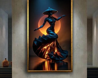 Futuristic Polygon Woman Art Print, Geometric Cyber Asian Dancer with Neon Glow and Sunset Background for Modern Wall Decor