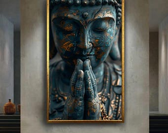 Namaste Buddha canvas wall art print, peaceful zen spiritual artwork in bronze tones, meditation decor for yoga room or sacred space