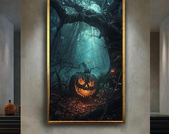 Creepy Jack-O'-Lantern Canvas Wall Art in Haunted Forest – Dark Halloween Pumpkin Print for Spooky Gothic or Horror Room Decor