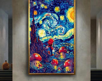 Mario Starry Night Wall Art Colorful Video Game Inspired Print  Whimsical Pop Culture Artwork Gamer Room Fantasy Decor