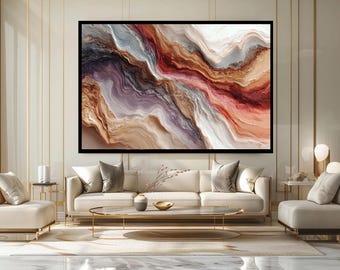Vibrant Abstract Layered Wall Art Print with Purple, Red and Earth Tones, Modern Geode Style Canvas for Elegant Home Interiors
