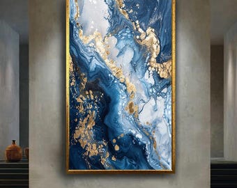 Abstract Navy Blue White and Gold Canvas Wall Art with Fluid Marble, Modern Luxury Elegant Print for Home